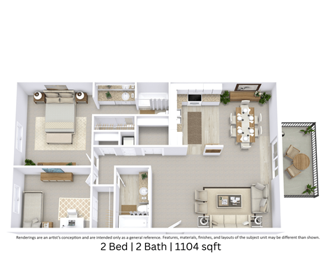 This is a 3D-floor plan providing a detailed, angled view of the space with room layouts, furniture placement, and spatial flow. Features 2 bedroom/s, 2 bathroom/s, and approximately 1160 Sq. Ft